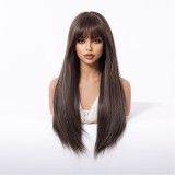 Natural Brown Long Straight Wig with Bangs - Heat Resistant (Full Head)