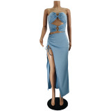Spring/Summer Strapless Buckle Hollow Split Sexy Long Dress