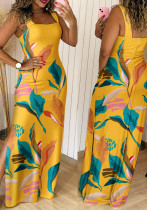 Wide Strap Slit Print Long Dress