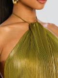 Women's Lace-up Halter-Neck Sleeveless Low-Back Slit Pleated Evening Dress