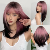 Black to Pink Gradient Bangs Long Straight Wig - Natural Look (Synthetic Fiber)