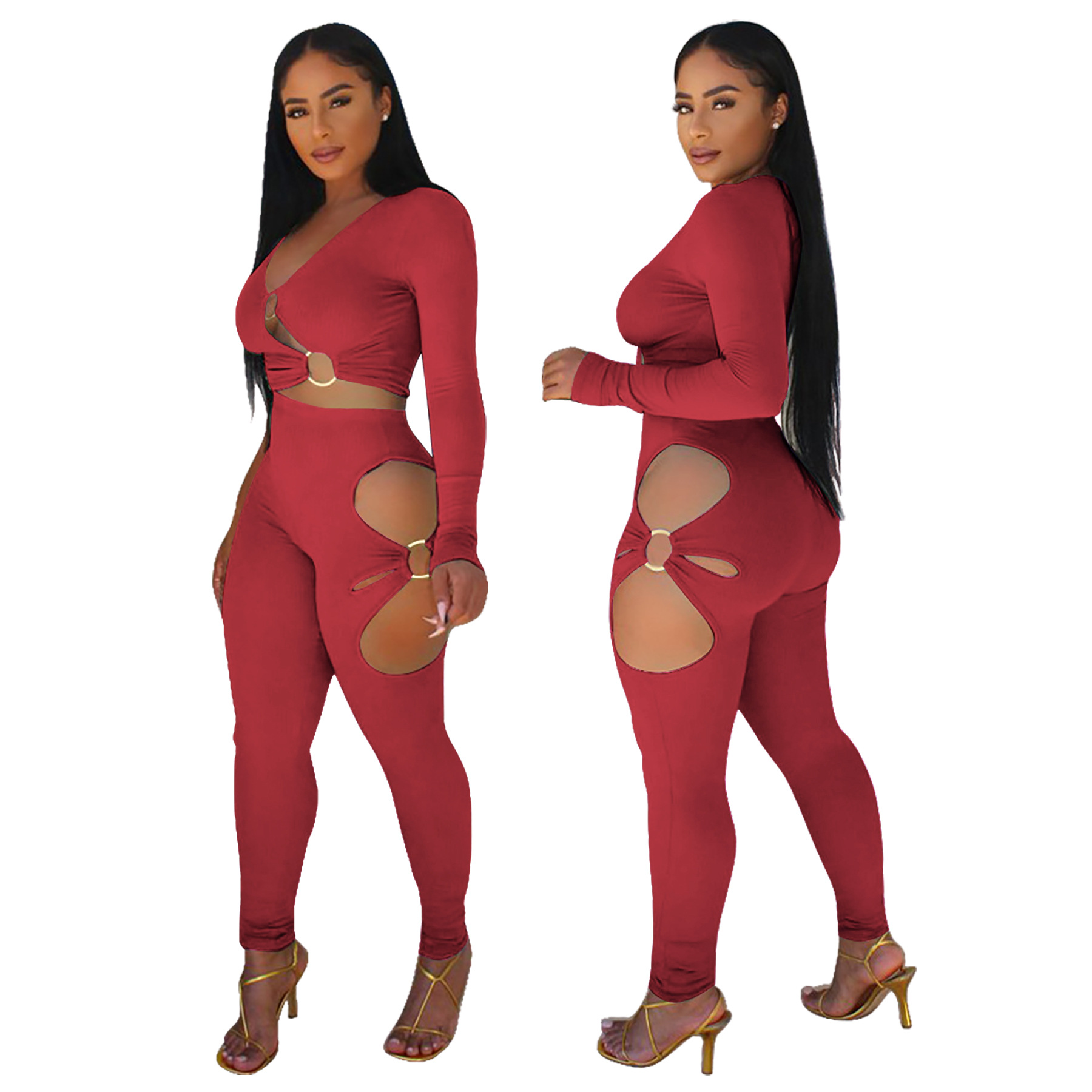 Fashionable Women's Solid Color High-Stretch Ribbed Sexy V-Neck Two-Piece Pants Set