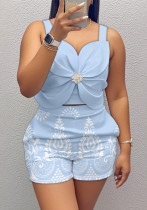 Women's Fashion Rhinestone Bow Decorated Sleeveless Top & Print Shorts Set