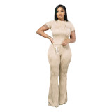 Women's Solid Color Short Sleeve Two-Piece Pants Set