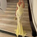Women's V-Neck Sexy Strap Low-Back Slim Sequin Fishtail Long Dress