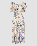 Floral Puff Sleeve Short Top & A-Line Long Skirt Set