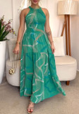 Fashion Halter Neck Sleeveless Slim Waist Print Maxi Dress