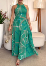 Fashion Halter Neck Sleeveless Slim Waist Print Maxi Dress