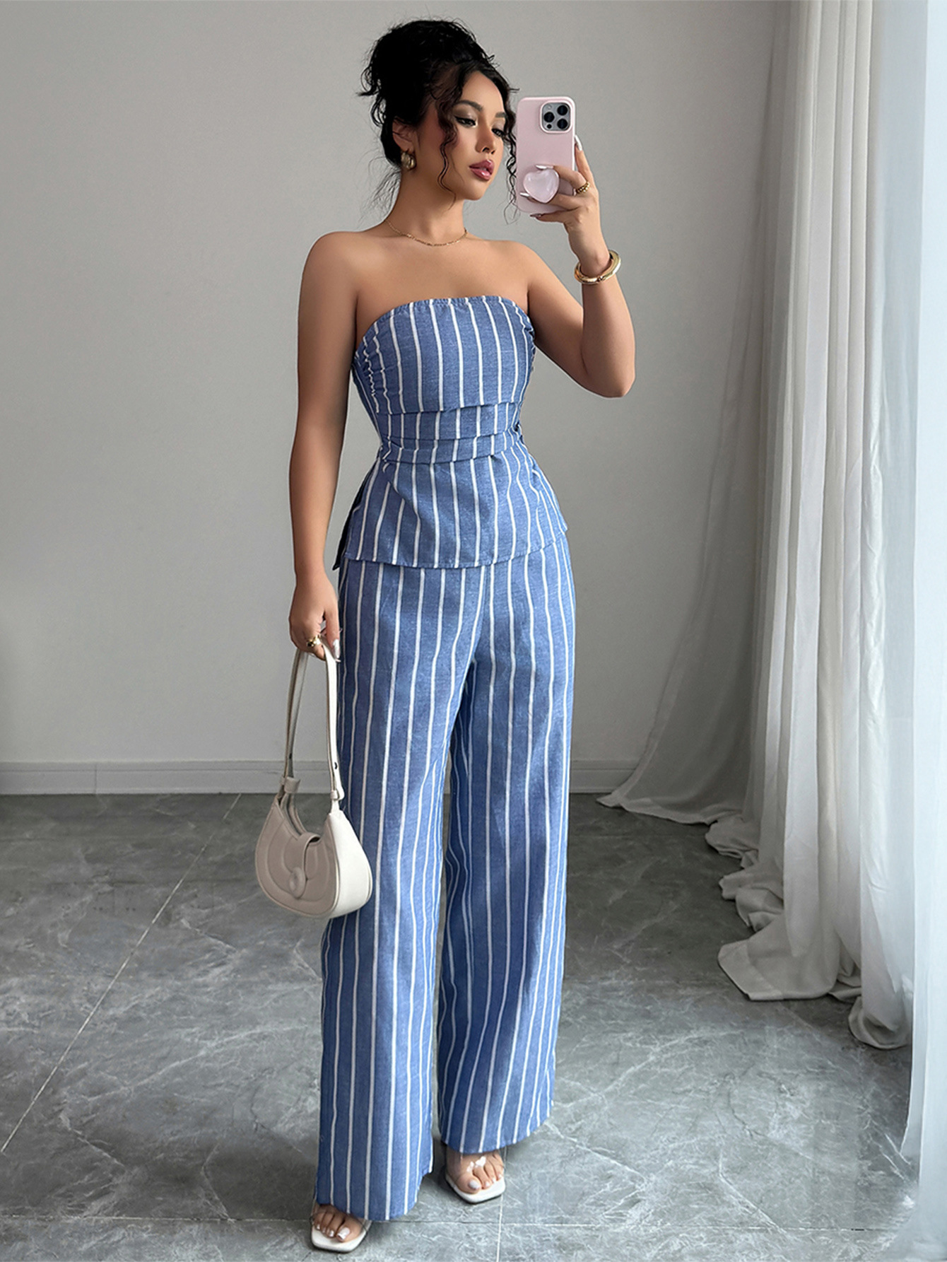 Spring/Summer Women's Fashion Casual Elegant Striped Strapless Vest & Trousers Two-Piece Set
