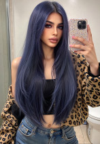 26  Dark Blue High-Layered Straight Wig - Middle Part, Long Bangs [Festival/Cos] (Full Head)