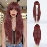 Burgundy Long Straight Wig with Bangs - Full Headpiece for Women