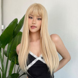 Gold Bangs Long Straight Wig - High Temp Silk (Full Head)