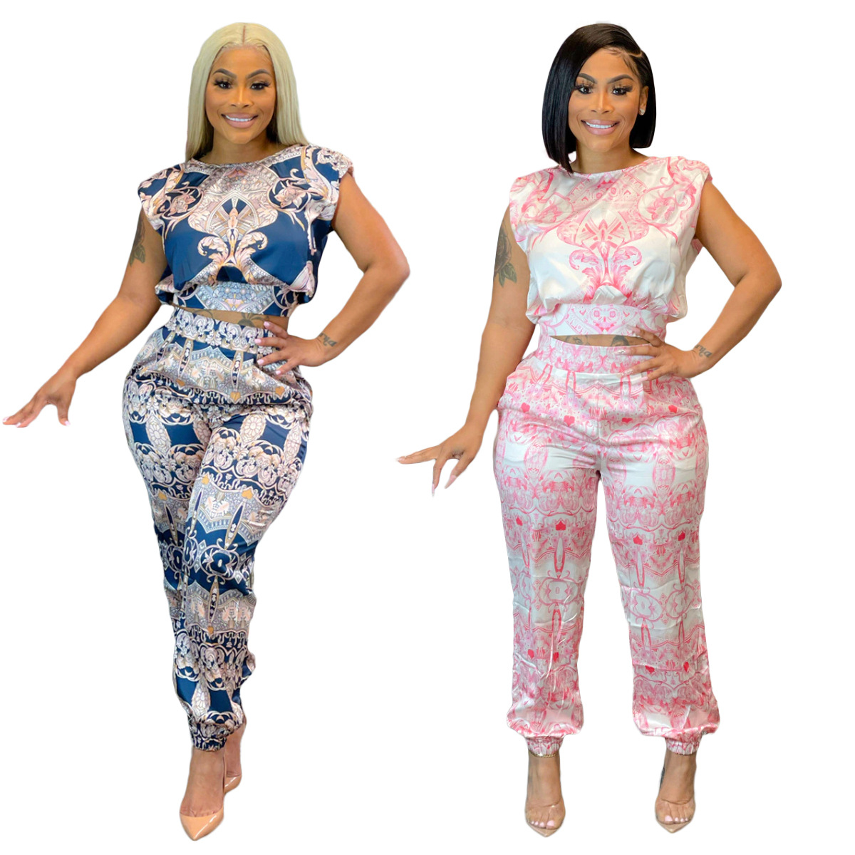 Spring/Summer Women's Printed Short Sleeve Two-Piece Pants Set