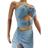 Spring/Summer Strapless Buckle Hollow Split Sexy Long Dress