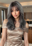 Gray Natural Curly Wig with Dyed Bangs - Synthetic Fiber (Full Head)