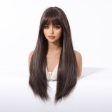 Natural Brown Long Straight Wig with Bangs - Heat Resistant (Full Head)