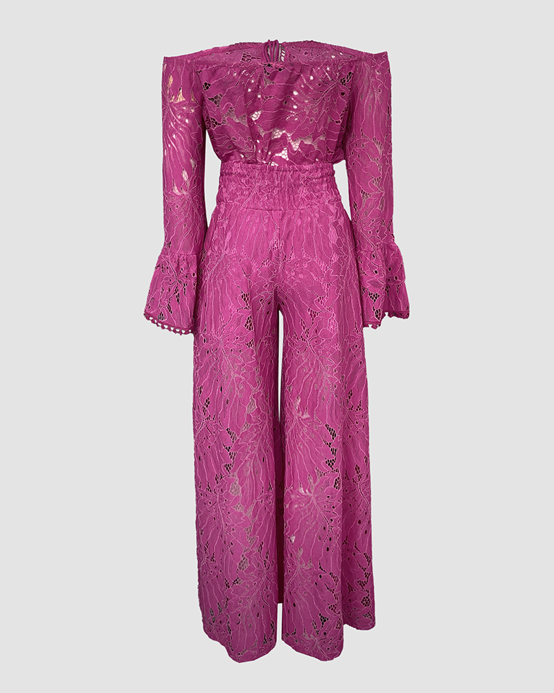 Rose Off-Shoulder Tie Loose Bell-Bottom Sleeve Top & Wide Leg Loose Pants Set