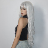 Gray & White Bangs Long Curly Wig - Synthetic Fiber [For Cosplay] (Full Head)