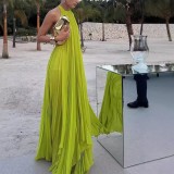 Summer Women's Solid Color Round Neck Sleeveless Sexy Low-Back Beach Long Dress