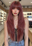 Burgundy Long Straight Wig with Bangs - Full Headpiece for Women