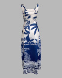 Wide Strap Slit Print Long Dress