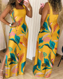 Wide Strap Slit Print Long Dress