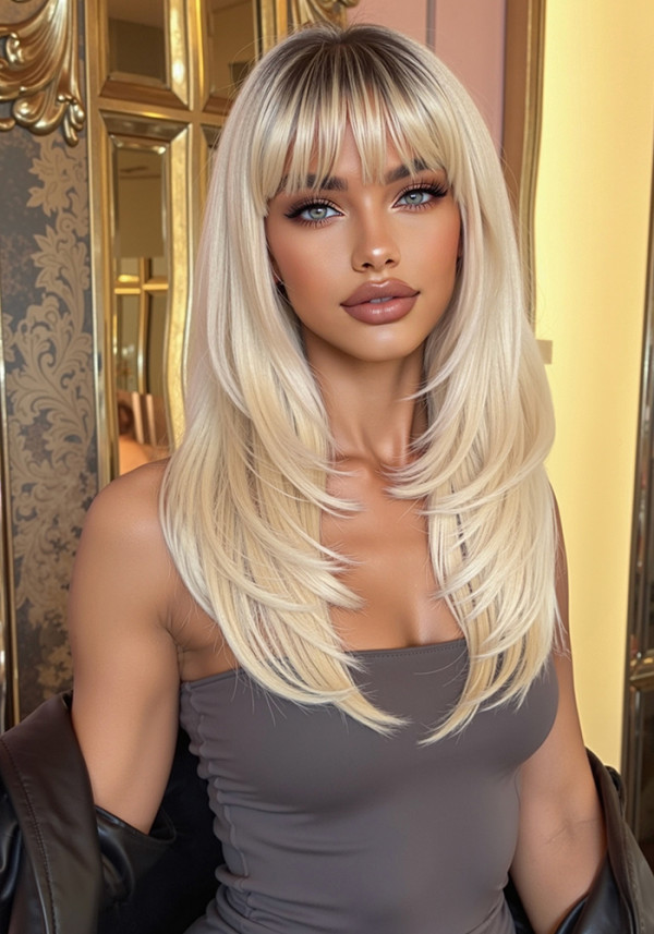 Light Golden Orange Long Straight Wig with Bangs