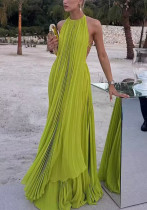 Summer Women's Solid Color Round Neck Sleeveless Sexy Low-Back Beach Long Dress