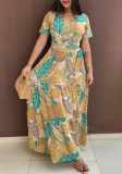 Fashionable Floral Print Short Sleeve Tie Slim Waist Holiday Long Dress