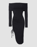 Fashionable Solid Color Off-Shoulder Drawstring Gathered Side-Open Dress