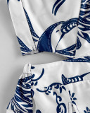 Tropical Plant Print Low Back Elastic Slim Waist Side-Open Skirt Jumpsuit