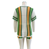 Women's Sexy Hollow Turn-Down Collar Knit Shorts Set