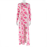 Women's Floral Print Slim Waist Side Split Long Sleeve Long Dress