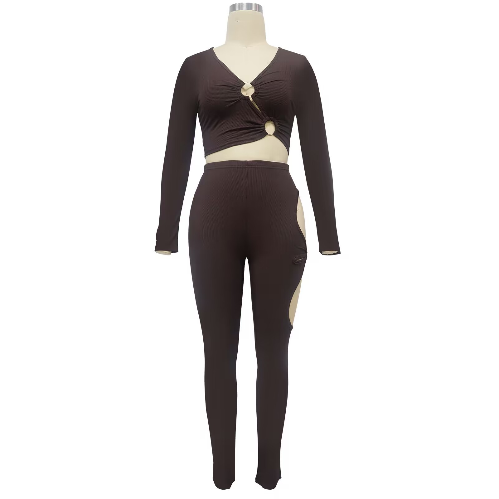 Fashionable Women's Solid Color High-Stretch Ribbed Sexy V-Neck Two-Piece Pants Set