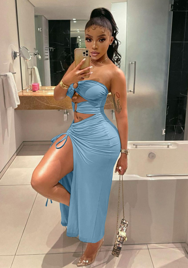 Spring/Summer Strapless Buckle Hollow Split Sexy Long Dress