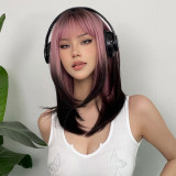 Black to Pink Gradient Bangs Long Straight Wig - Natural Look (Synthetic Fiber)