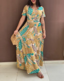 Fashionable Floral Print Short Sleeve Tie Slim Waist Holiday Long Dress