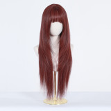 Burgundy Long Straight Wig with Bangs - Full Headpiece for Women