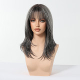 Gray Natural Curly Wig with Dyed Bangs - Synthetic Fiber (Full Head)