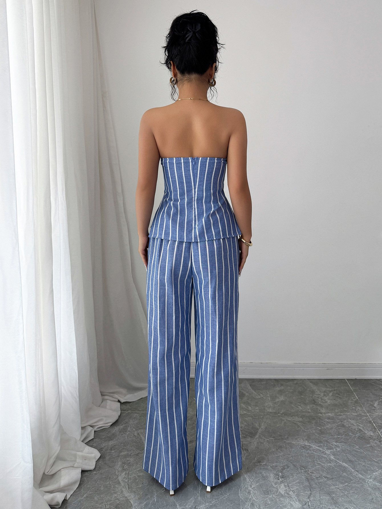 Spring/Summer Women's Fashion Casual Elegant Striped Strapless Vest & Trousers Two-Piece Set