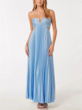 Women's Sweet Sexy Halter Strapless Pleated Solid Color Maxi Dress