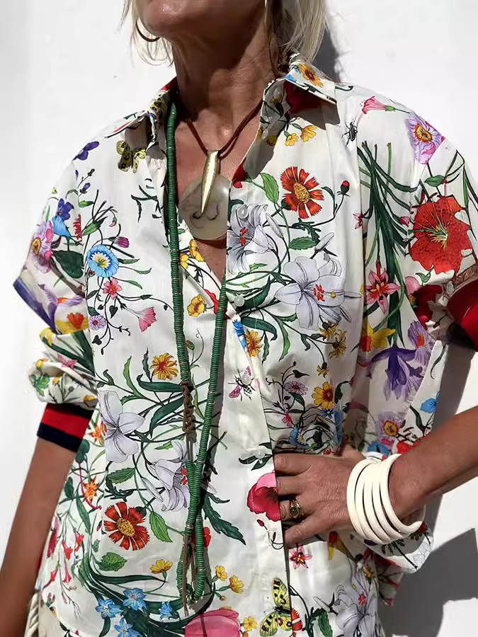 Spring/Summer Women's Printed Casual Shirt & Pants Two-Piece Set