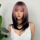 Black to Pink Gradient Bangs Long Straight Wig - Natural Look (Synthetic Fiber)