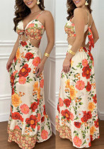 Floral Holiday Print Sexy Open Waist Strap Long Dress