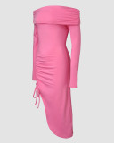 Fashionable Solid Color Off-Shoulder Drawstring Gathered Side-Open Dress
