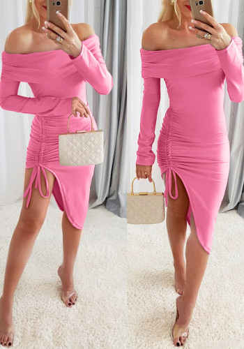 Fashionable Solid Color Off-Shoulder Drawstring Gathered Side-Open Dress