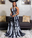Women's Print Halter Neck Backless Maxi Dress