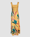 Wide Strap Slit Print Long Dress