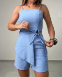 Fashion Lace-Up Strap Wide Leg Two Piece Shorts Set