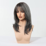 Gray Natural Curly Wig with Dyed Bangs - Synthetic Fiber (Full Head)